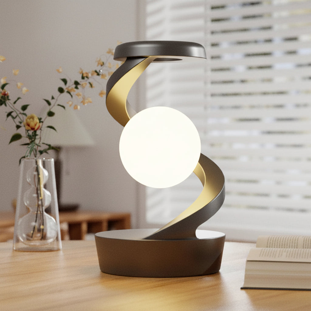 Gesture-controlled floating table lamp with color-changing options on a wooden surface.